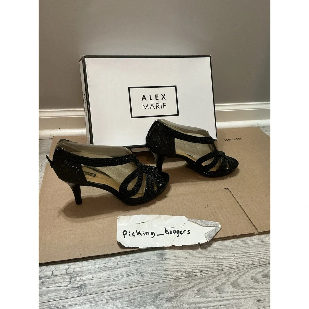 Alex Marie Black Rhinestone Heels Women's Size 7.5  M Shoes Zip Back Peep Toe